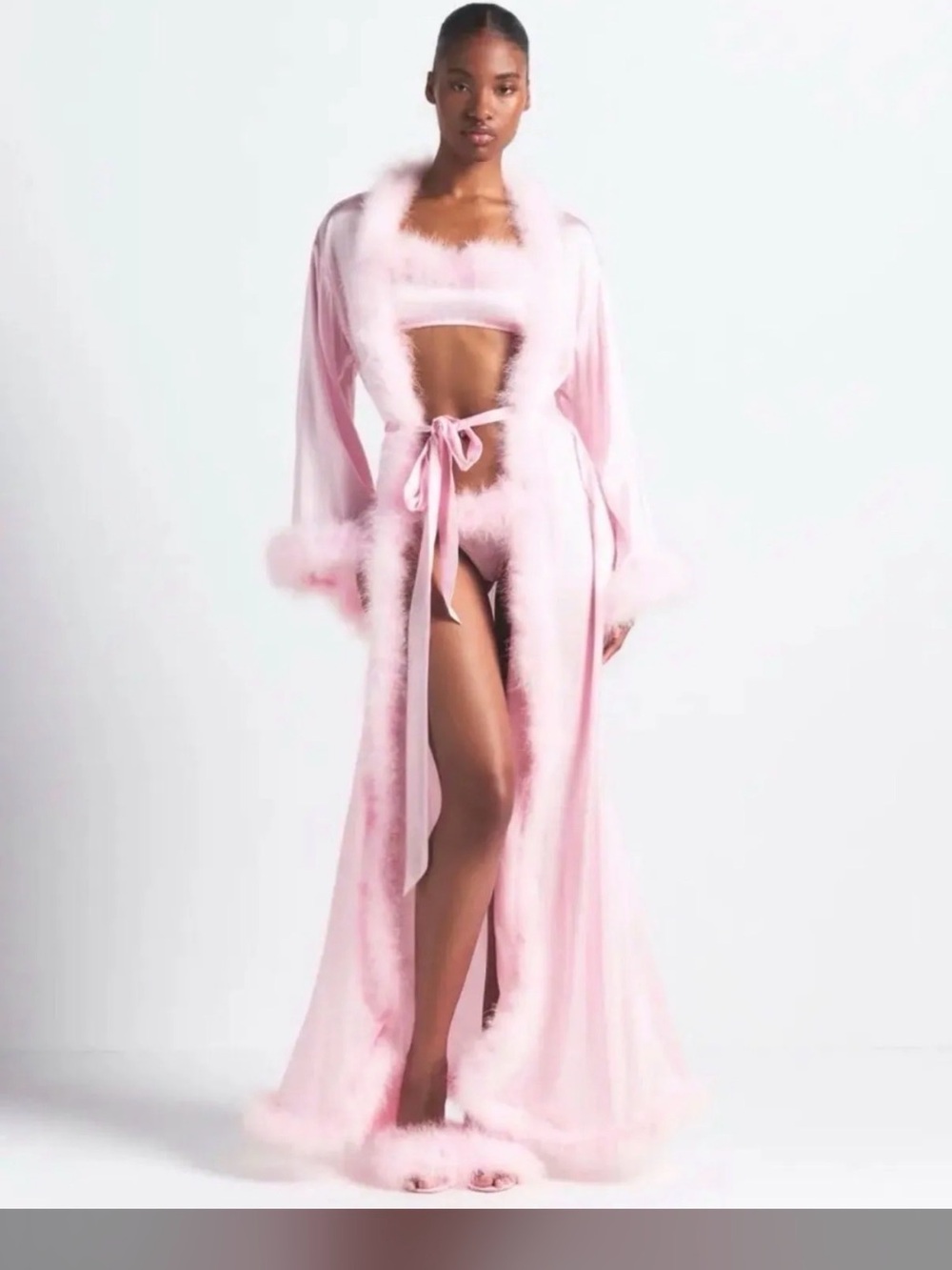 SKIMS Soft Pink Satin Feather-Trim Robe with Matching Lingerie Set
